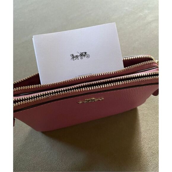 NWT COACH Double Zip Pink Pebbled Leather Wristlet Wallet AUTHENTIC